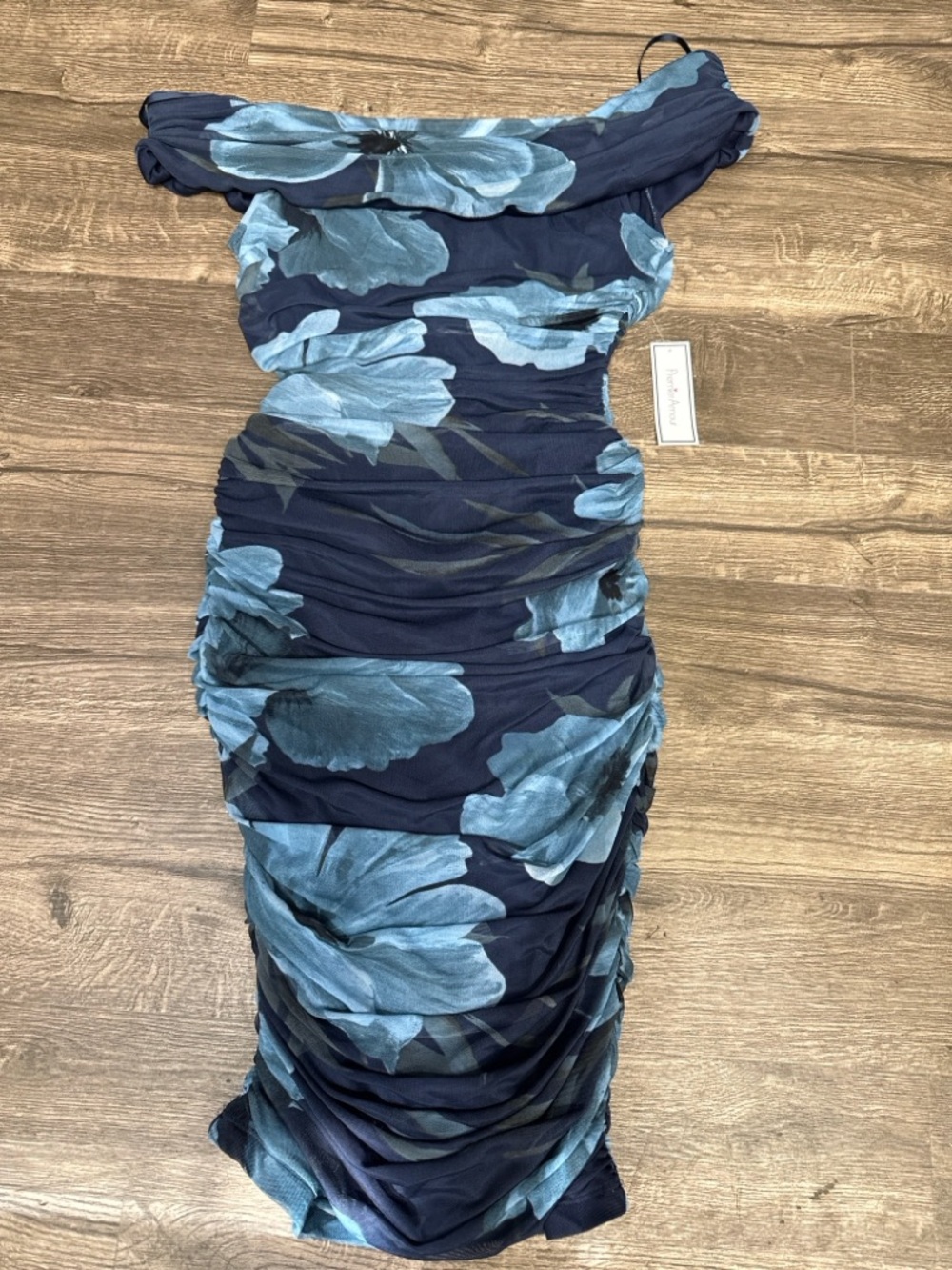 Premier Navy Blue One-Shoulder Floral Ruched Midi Dress - Picture 2 of 6